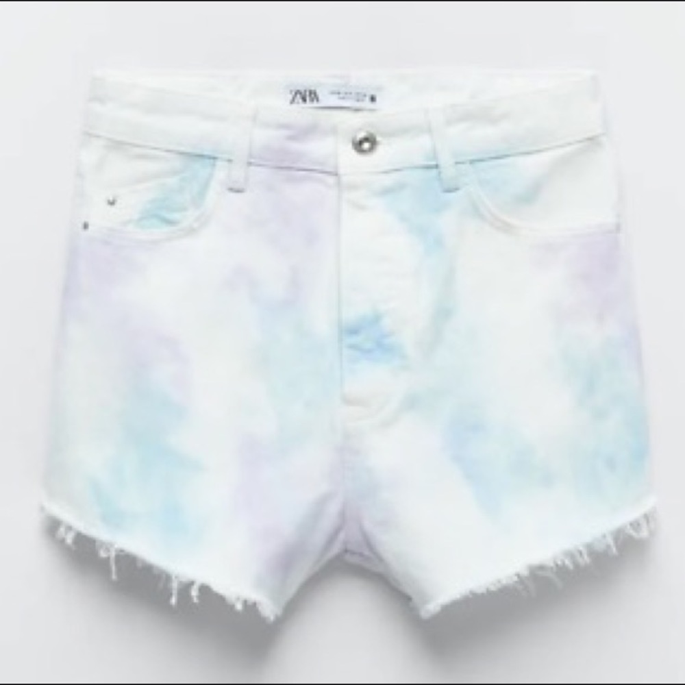 Zara Multicolored Tie Dye Denim Cut Off Raw Hem High Waisted Shorts 28